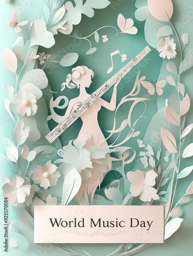 Celebrating World Music Day with a paper cut illustration of a woman playing the flute amidst floral designs on a soft teal background. Generative AI