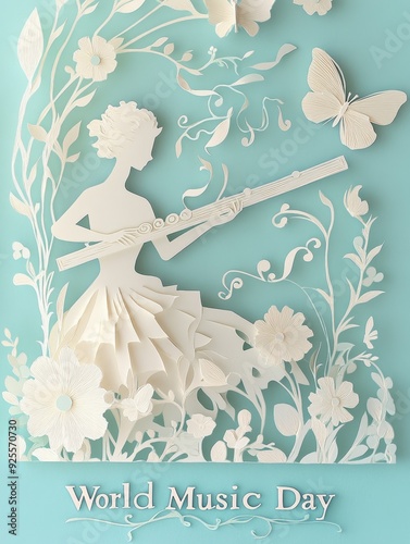 Celebrating World Music Day with a paper cut illustration of a woman playing the flute amidst floral designs on a soft teal background. Generative AI