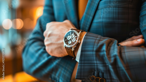 A man's hand in a blue suit holds his wrist, wearing an elegant watch with a brown strap