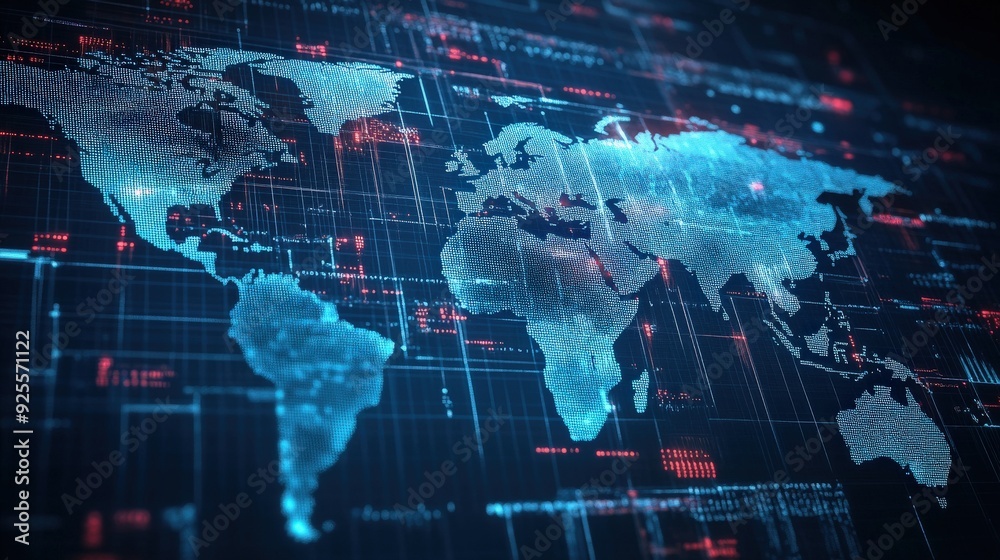 A 3D rendering of a world map with digital grids, symbolizing the global reach of the internet and technology. A 3D rendering of a world map with digital grids, symbolizing the global reach of the internet and technology.