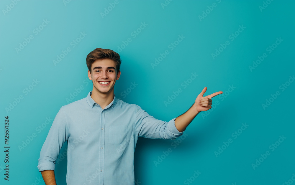 Studio portrait of A handsome man with a smile on his face pointing at an empty space wearing casual clothes isolated on a colored background for advertising or just copy space Studio portrait of A handsome man with a smile on his face pointing at an empty space wearing casual clothes isolated on a colored background for advertising or just copy space
