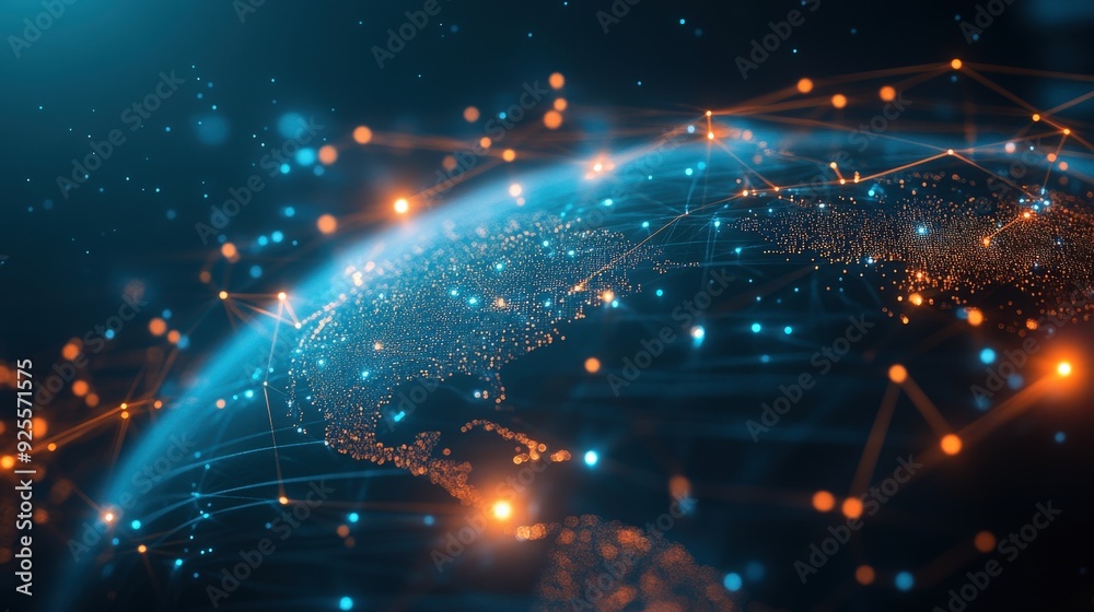 Fototapeta premium A 3D rendering of a digital globe with glowing lines connecting different parts, symbolizing global network technology.
