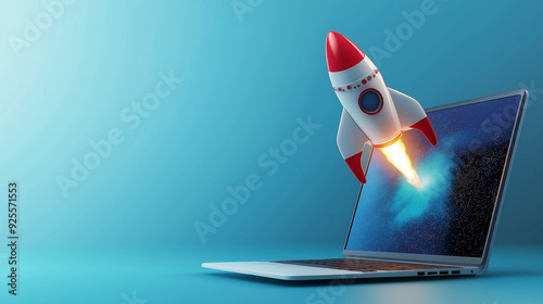Rocket coming out of laptop screen, blue background.