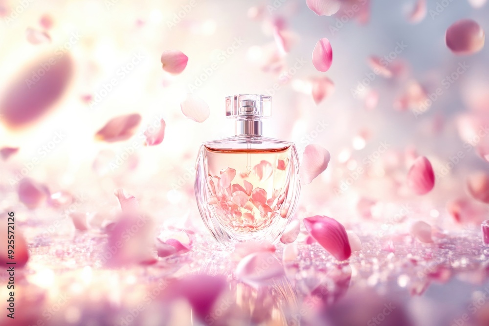 A captivating perfume bottle sits gracefully amid floating petals, exuding an aura of elegance and romance as soft light creates a magical atmosphere A captivating perfume bottle sits gracefully amid floating petals, exuding an aura of elegance and romance as soft light creates a magical atmosphere