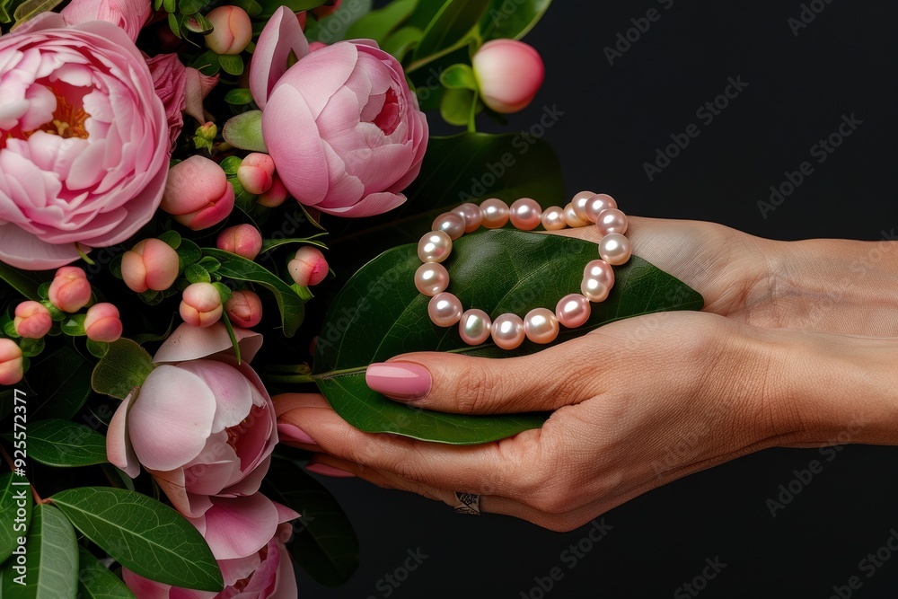 A Woman Receiving A Jewelry Gift, A Pearl Necklace, With Flowers Adding A Touch Of Elegance A Woman Receiving A Jewelry Gift, A Pearl Necklace, With Flowers Adding A Touch Of Elegance
