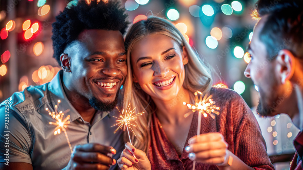 happy young couple with sparklers at christmas or new year party