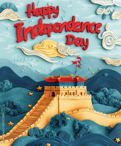 Colorful illustration celebrating Independence Day featuring a majestic fortress with flags, rolling hills, and a vibrant sky. Generative AI