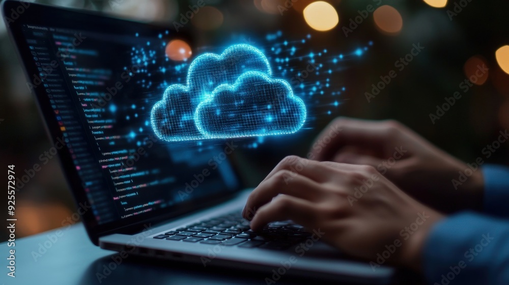 A business professional using a cloud migration tool on a laptop, with a digital cloud icon in the background. A business professional using a cloud migration tool on a laptop, with a digital cloud icon in the background.
