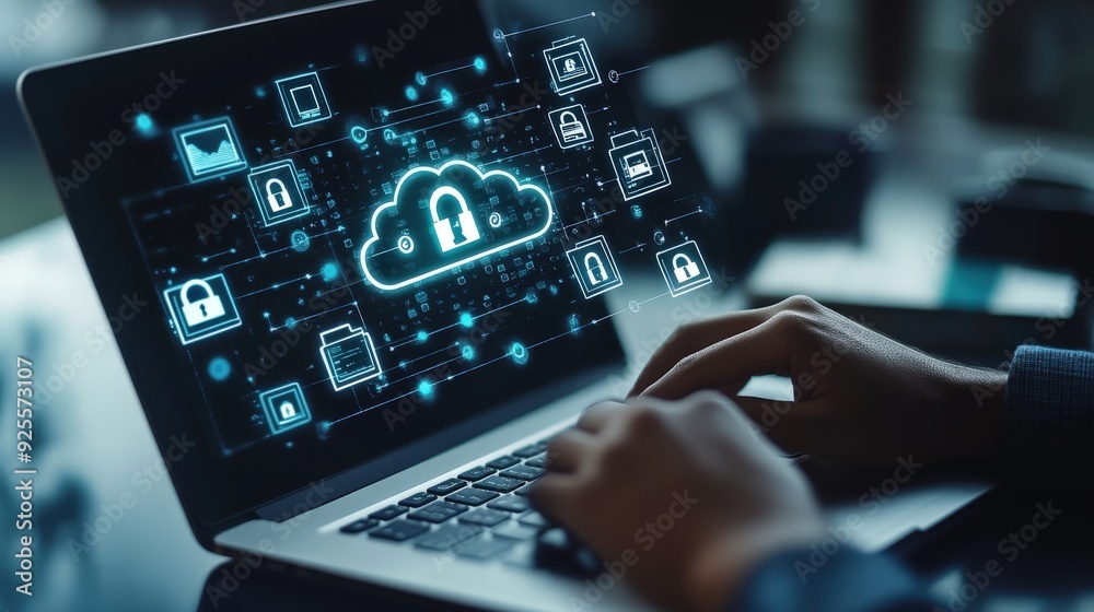 A business professional using a laptop with a cloud security dashboard, surrounded by digital lock icons. A business professional using a laptop with a cloud security dashboard, surrounded by digital lock icons.