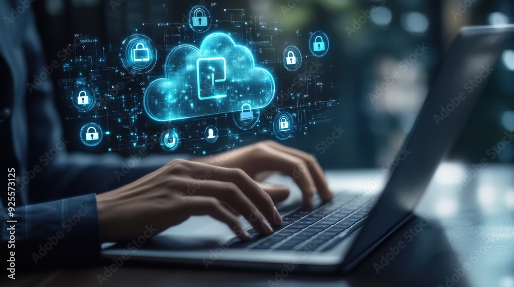 A business professional using a laptop with a cloud security dashboard, surrounded by digital lock icons. A business professional using a laptop with a cloud security dashboard, surrounded by digital lock icons.