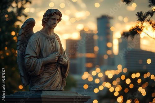 Angel Moroni City Skyline Mormonism LDS Church Religion Spiritual Symbol photo