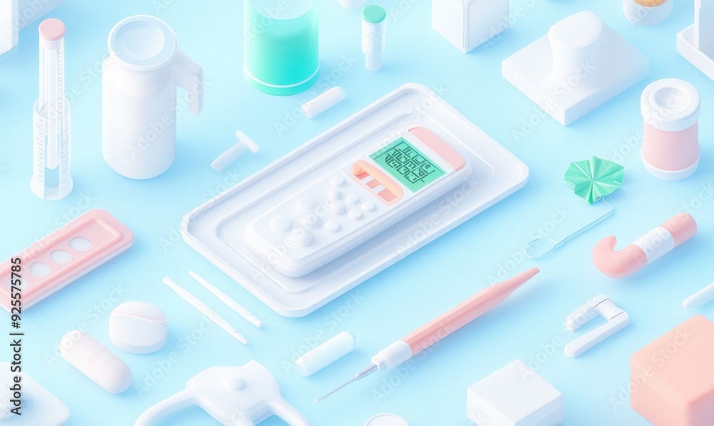 An illustration of a collection of high-tech medical devices on a sterile tray in a lab, with a focus on a digital thermometer, in a sleek, futuristic style An illustration of a collection of high-tech medical devices on a sterile tray in a lab, with a focus on a digital thermometer, in a sleek, futuristic style