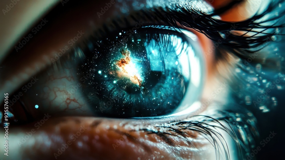 A stunning eye captures a swirling galaxy, blending cosmic wonders with the beauty of human sight A stunning eye captures a swirling galaxy, blending cosmic wonders with the beauty of human sight