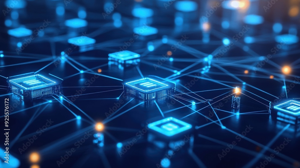 Obraz premium A digital network diagram with central hubs and connected devices, representing the structure of network services.