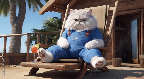 giant white cartoon cat relaxing on tropical island beach photo