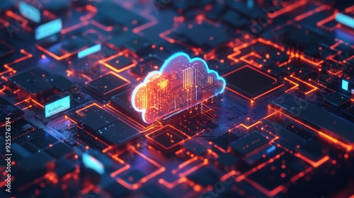 A digital rendering of a cloud computing network, with glowing lines connecting various devices and servers.