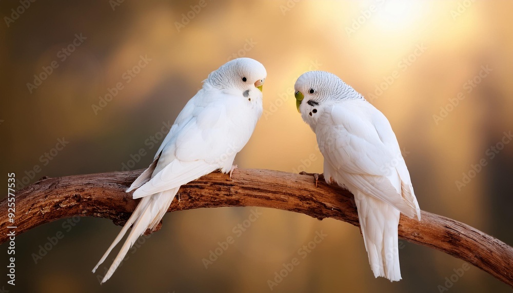 A pair of budgies perched together on a branch, with the background softly transitioning fro A pair of budgies perched together on a branch, with the background softly transitioning fro