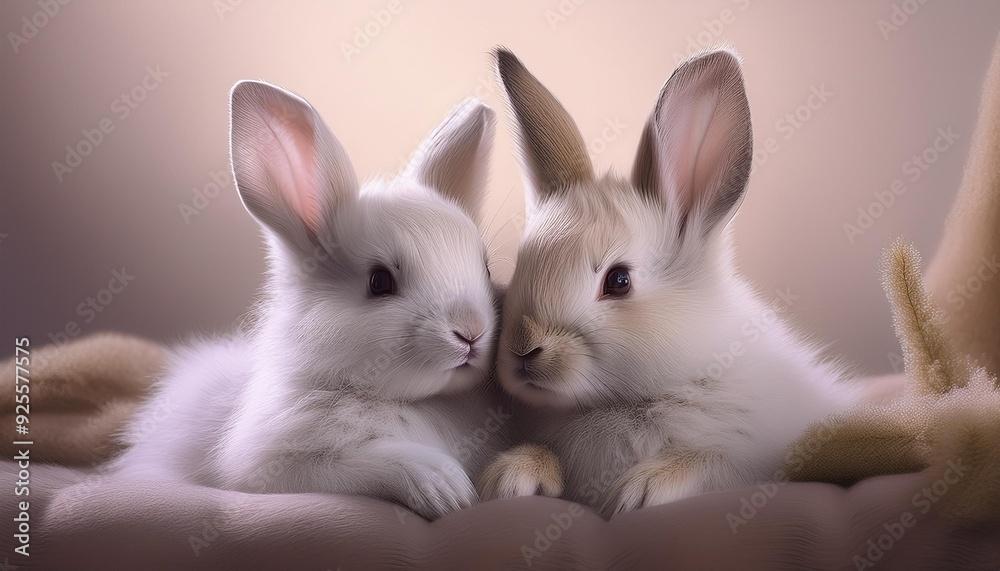A pair of rabbits cuddled together, their fur gently blending into a softly lit, minimalisti