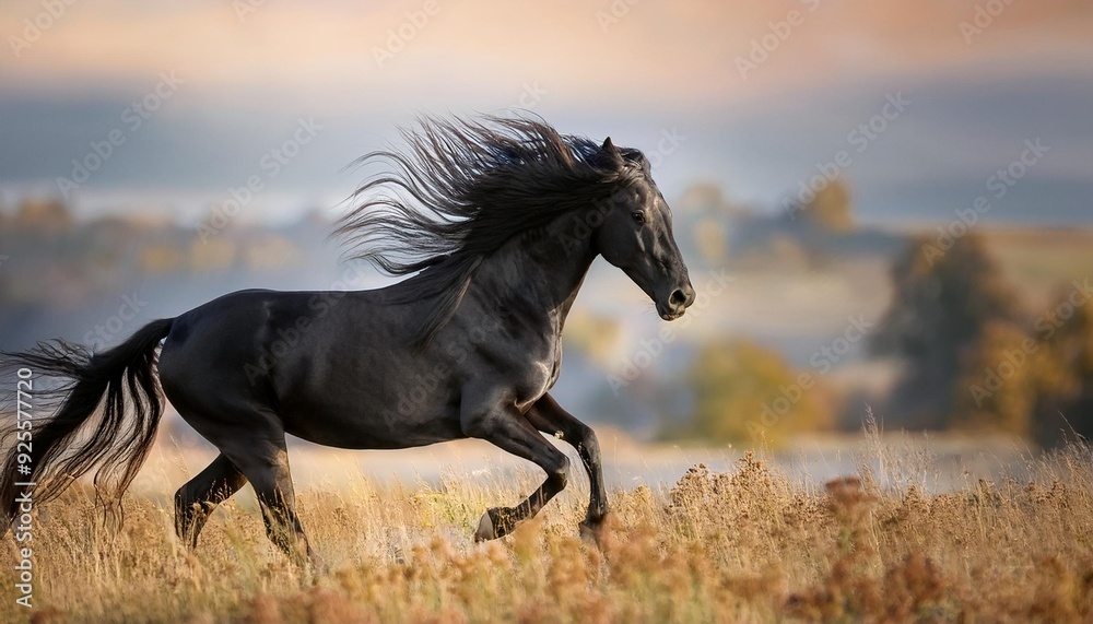 A sleek black horse galloping in slow motion across a field, with the focus on its flowing m A sleek black horse galloping in slow motion across a field, with the focus on its flowing m