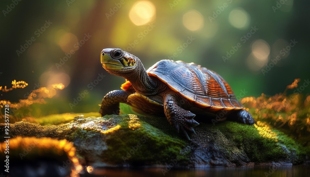 A small turtle perched on a moss-covered rock, its textured shell glistening with morning de A small turtle perched on a moss-covered rock, its textured shell glistening with morning de