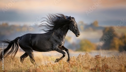 A sleek black horse galloping in slow motion across a field, with the focus on its flowing m 