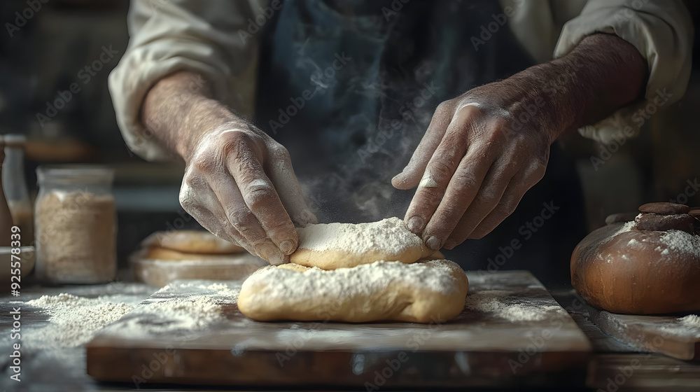 A baker shaping dough with flour in a rustic kitchen setting. A baker shaping dough with flour in a rustic kitchen setting.
