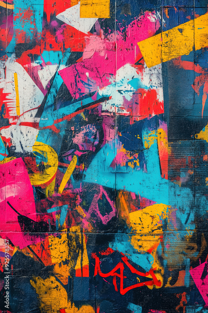 Fototapeta premium Vibrant abstract graffiti art featuring bold colors and geometric shapes on a textured wall.