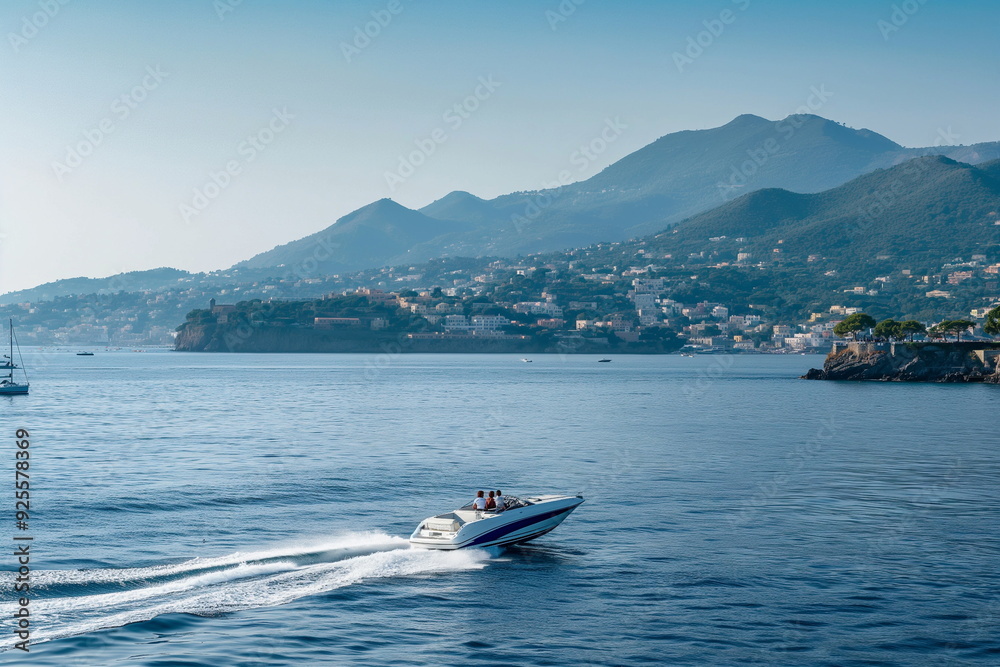 Fototapeta premium A serene boat ride with mountain views. Banner for travel and relaxation