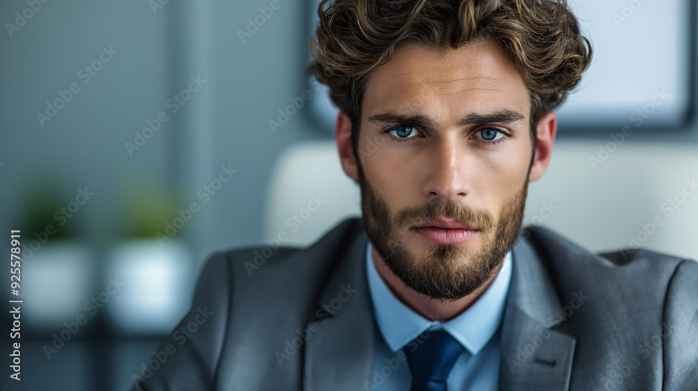 A young man with a beard and curly hair sits seriously at his desk, dressed in a suit, reflecting deep concentration during a meeting A young man with a beard and curly hair sits seriously at his desk, dressed in a suit, reflecting deep concentration during a meeting