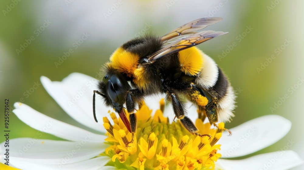 A close-up of a bee pollinating a flower. A close-up of a bee pollinating a flower.