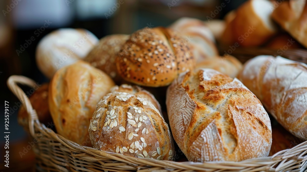 A close-up of a bread basket filled with various types of bread, showcasing a feast for the senses. A close-up of a bread basket filled with various types of bread, showcasing a feast for the senses.