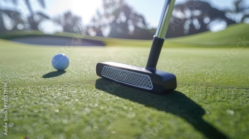 A close-up of a golf putter on the green, with a golf ball positioned near the hole.