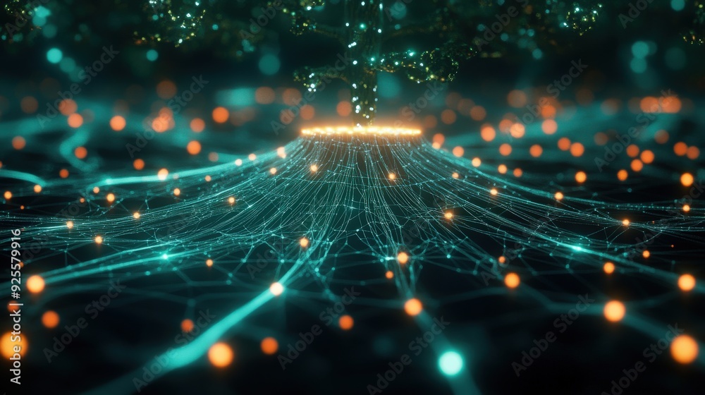 Obraz premium A digital rendering of a network services architecture, with glowing layers and nodes representing data distribution.