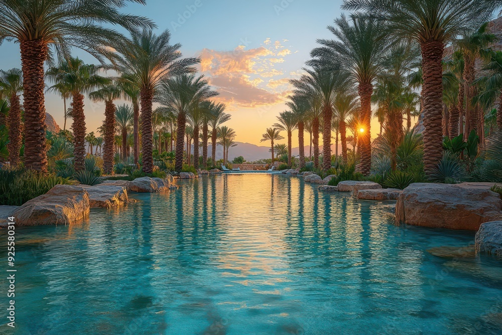 vibrant desert oasis at sunset featuring towering palm trees surrounding a crystalclear pool golden light bathes the landscape casting long shadows across rippling sand dunes vibrant desert oasis at sunset featuring towering palm trees surrounding a crystalclear pool golden light bathes the landscape casting long shadows across rippling sand dunes
