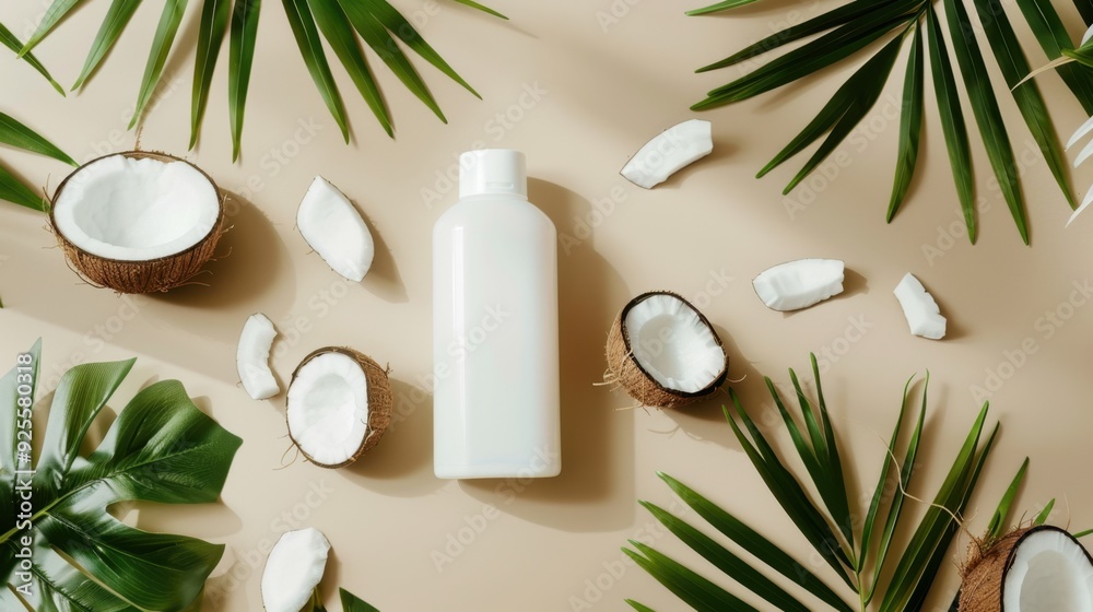 A coconut oil bottle with fresh coconuts and tropical leaves, emphasizing natural beauty products. A coconut oil bottle with fresh coconuts and tropical leaves, emphasizing natural beauty products.