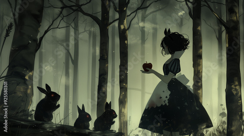 Illustration of Snow White in the woods with the woodland animals - fairy tale character - Generative AI