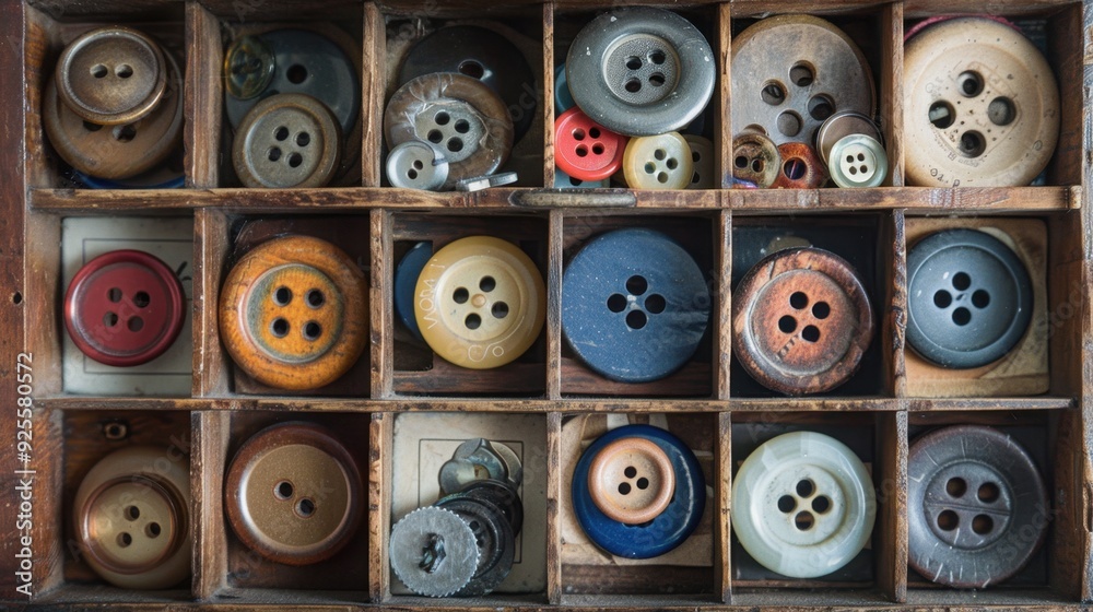 Fototapeta premium A collection of vintage buttons displayed in an old sewing box, evoking nostalgia and craftsmanship.