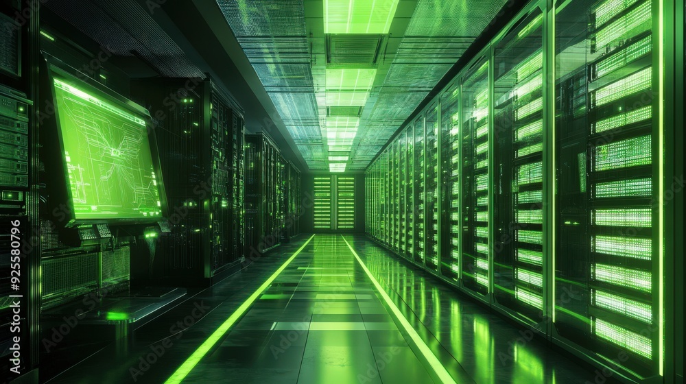 A futuristic data center with green-lit servers, representing the use of renewable energy in cloud computing.