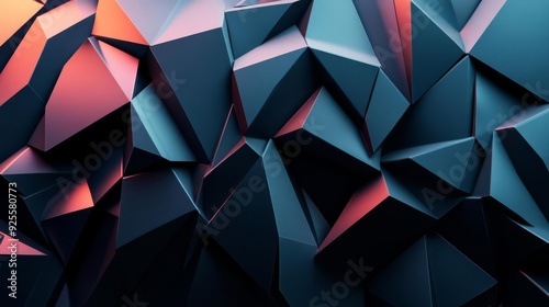 Complex 3D geometric design with textured surfaces and gradient lighting, forming a visually compelling background for futuristic presentations