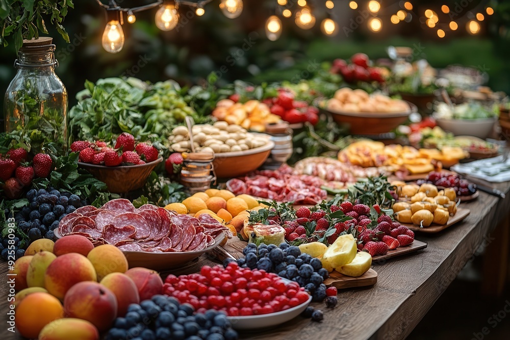 Obraz premium vibrant garden party scene gourmet buffet spread on rustic tables fresh fruits and grilled delicacies string lights and lanterns overhead