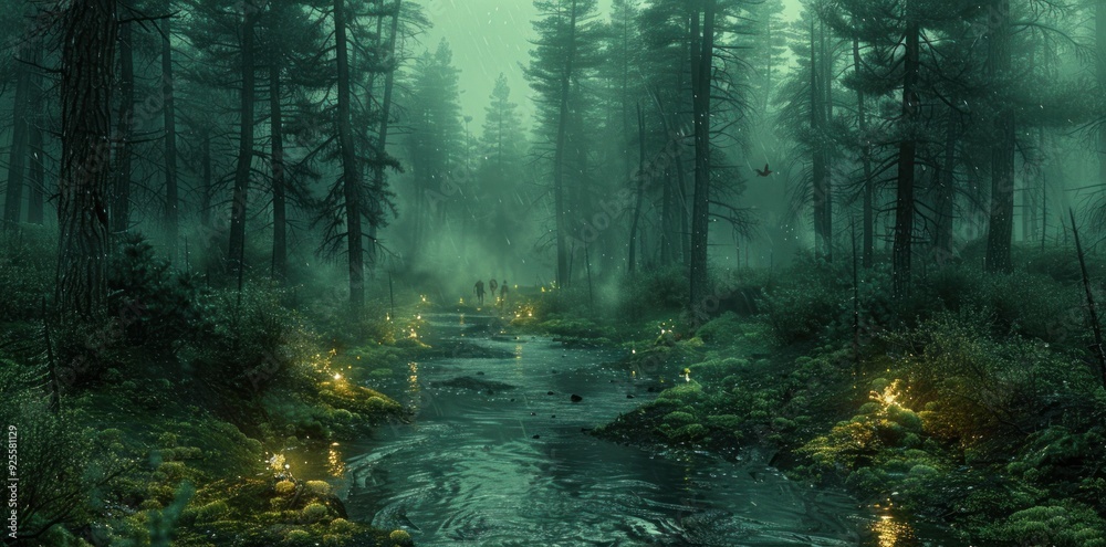 Obraz premium Enchanted Forest Path with Glowing Lights