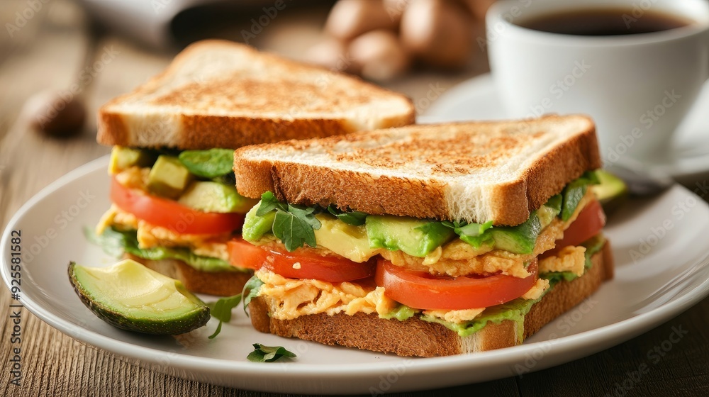 A cup of coffee and avocado sandwiches for breakfast A cup of coffee and avocado sandwiches for breakfast
