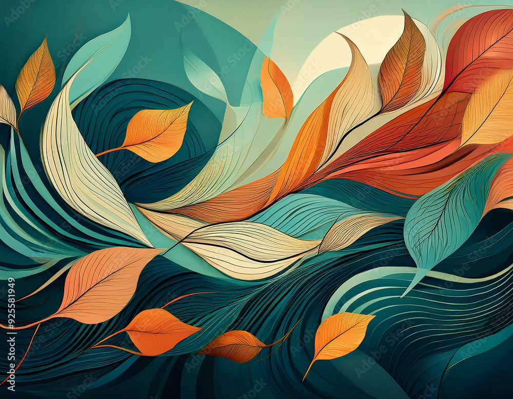 Abstract Wind and Leaves Sweeping Lines and Scattered Leaf Shapes in Motion Abstract Wind and Leaves Sweeping Lines and Scattered Leaf Shapes in Motion