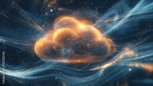 Wallpaper Mural A glowing abstract cloud surrounded by swirling light patterns and digital nodes, representing the fluid nature of cloud computing. Torontodigital.ca