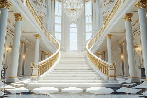 Regal golden Carpet Staircase with Ornate Golden railing, luxury Interior design photo