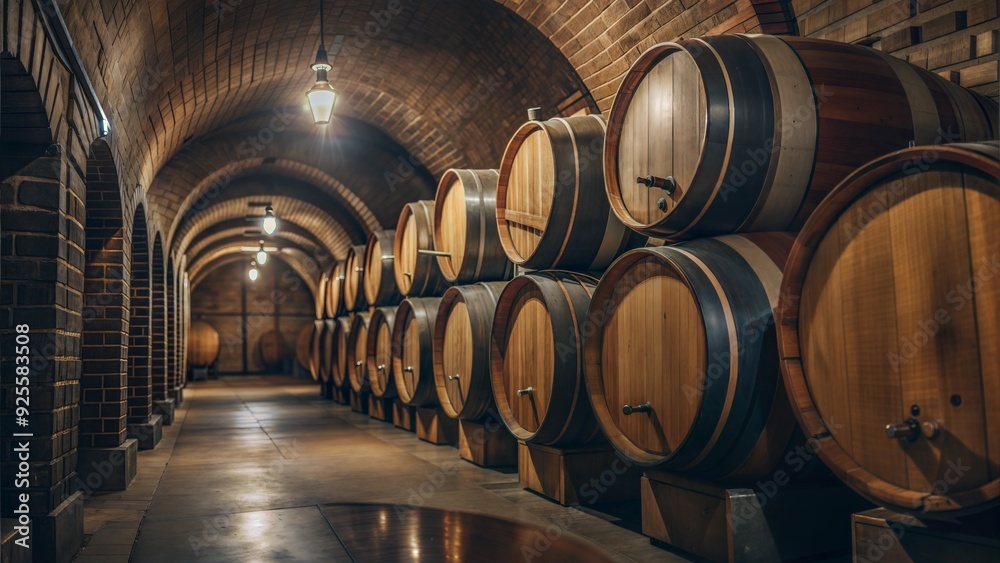 Barrels aging wine in a dimly lit underground cellar Barrels aging wine in a dimly lit underground cellar
