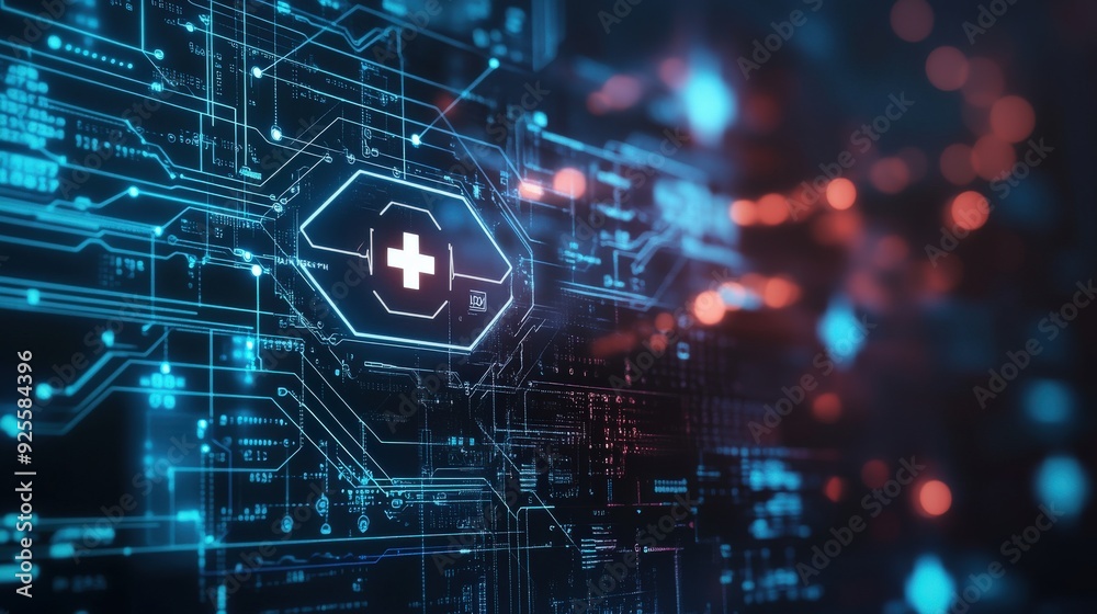 Abstract background with glowing circuits and medical data streams, symbolizing the digital transformation in healthcare Abstract background with glowing circuits and medical data streams, symbolizing the digital transformation in healthcare