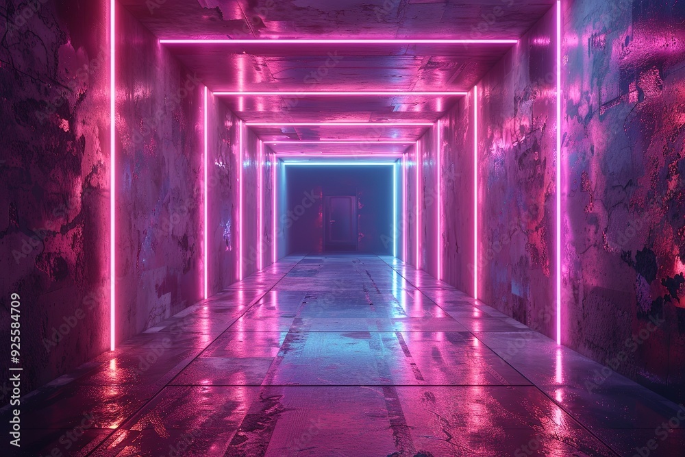 Abstract geometric background with neon rectangular frame inside the dark empty room and glowing laser labyrinth lines on the walls. Futuristic technology wallpaper Abstract geometric background with neon rectangular frame inside the dark empty room and glowing laser labyrinth lines on the walls. Futuristic technology wallpaper