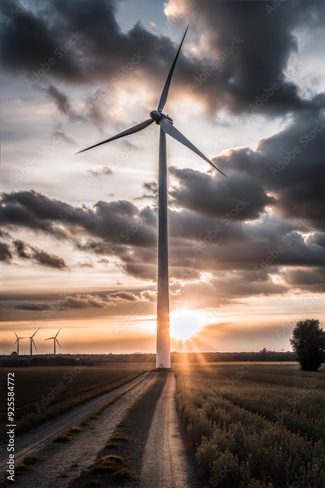 Obraz premium Wind turbines in a field during a dramatic sunset