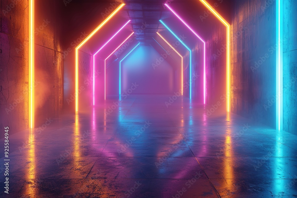 abstract neon background with diagonal line lamps glowing with blue and yellow light. Empty studio with perspective view for performance show abstract neon background with diagonal line lamps glowing with blue and yellow light. Empty studio with perspective view for performance show